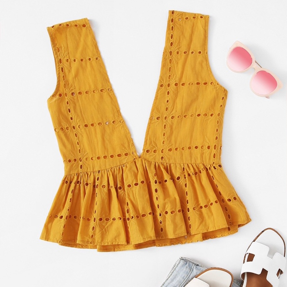 Ruffled Hem Hollow Out Blouse